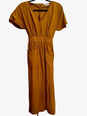 Madewell Linen-Blend Dolman-Sleeve Tie-Waist Midi Dress Size 0 Gold